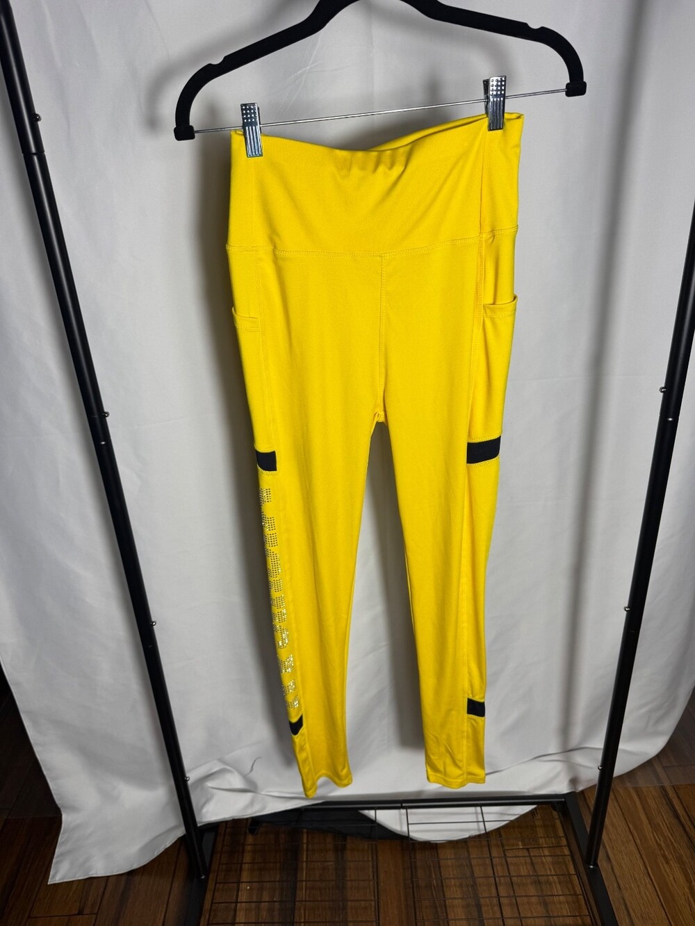 Yellow High-Waisted Athletic Leggings with Rhinestone 'Michigan' Detail